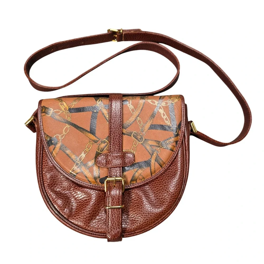 Vintage Nordstrom Leather Saddle Bag Equestrian Print Crossbody Purse NOS NWT‎